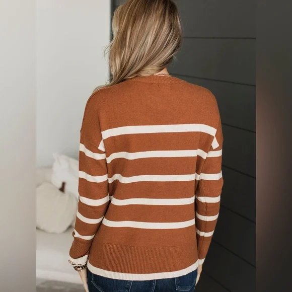 Burnt Orange Cream Striped Soft Knit Lightweight Sweater, Relaxed Fit, Medium